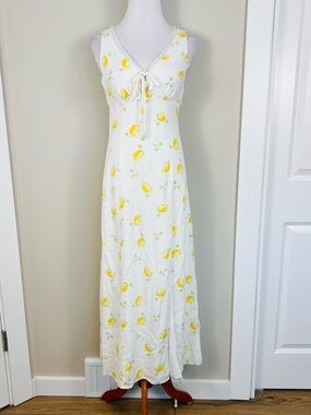 White Linen Blend Maxi Dress with Yellow Lemon Print